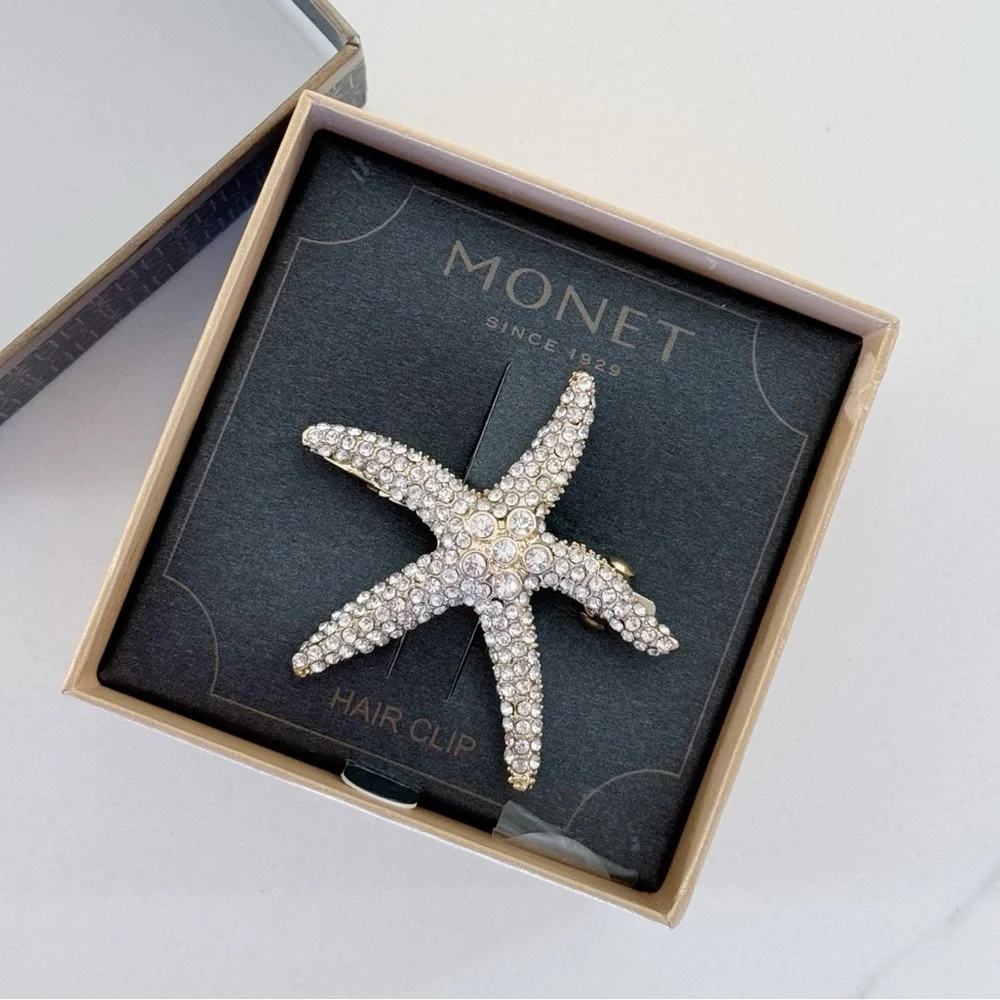 New In Box Monet Gold Tone Metal Textured Starfish Hair Clip